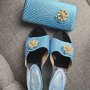 Elegant Blue Sandals with Clutch